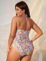 SHEIN Swim Mod Plus Size Floral Print Halter One Piece Swimsuit