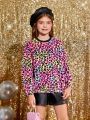 SHEIN Kids HYPEME Tween Girl Leopard Print Contrast Trim Pullover