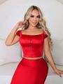 SHEIN SXY SHEIN SXY Red Corset Glossy Satin Ladies' Square Neck T-Shirt New Years Women Outfit Birthday Outfit Spring Women Clothes Prom Dress Valentine Day Dress Date Night Dress  Bachelorette Party
