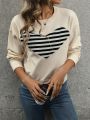 Heart Striped Drop Shoulder Casual Sweater Pullover