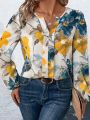 SHEIN LUNE Plus Size Floral Printed Notched Collar Long Sleeve Shirt