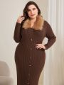 SHEIN Modely Plus Size Sweater Dress With Fur Collar And Button Placket