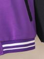 Tween Girl Letter Patched Striped Trim Colorblock Varsity Jacket Without Tee