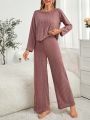 Women'S Solid Color Ribbed Knit Homewear Set