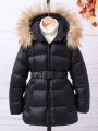 Girls' 50% Down And Feathers Coat With Fur Collar, -Padded Jacket