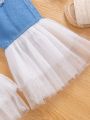 2pcs/Set Baby Girls' Butterfly Knot White Cami And Light Washed Ripped Double-Layers Tulle Denim Pants For Spring/Summer