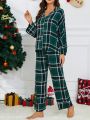 Plaid Print Drop Shoulder Blouse & Pants PJ Set