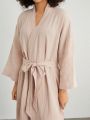 SHEIN Leisure Women'S Belted Wide Sleeve Bathrobe For Home, Soft Skin-Friendly, Comfortable And Breathable.