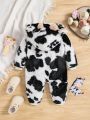 SHEIN Baby Girl Cow Pattern 3D Ear Design Hooded Teddy Jumpsuit