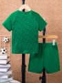 Young Boy Letter & Football Print Raglan Sleeve Tee & Shorts