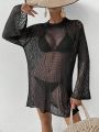 SHEIN Swim Basics 1pc Women's Long Sleeve Hollow Out Cover Up Dress