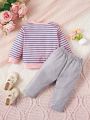 Baby Girls' Striped Cat Pattern Hoodie And Pants Set, Autumn Winter