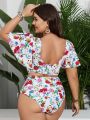 SHEIN Swim Vcay Plus Size Women'S Butterfly Sleeve Floral Printed Swimsuit