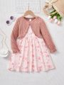 SHEIN Kids CHARMNG Little Girls' Knitted Pure Color Round Neck Spliced Jacquard Floral Hemline Fake Two Piece Dress