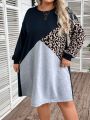 EMERY ROSE Plus Size Women's Leopard Print Color Blocked Drop Shoulder Dress