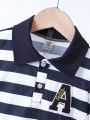 SHEIN Kids SPRTY Toddler Boys' Sporty Striped Collared Short Sleeve Polo Shirt With Letter Embroidery For Summer