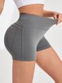 SHEIN Yoga Basic High Waist Back Love Peach Butt Line Yoga Shorts Waist Gathered Sports Shorts For Women