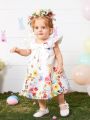 SHEIN Infant Girls' Cute Rabbit & Floral Print Flying Sleeve Loose Fit Dress