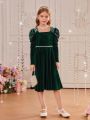 SHEIN Tween Girl Square Neck Gigot Sleeve Pearls Beaded Velvet Dress