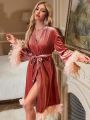 Fuzzy Trim Belted Velvet Robe