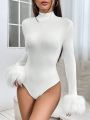 SHEIN PETITE Women's Solid Color High Neck Plush Cuffs Bodysuit