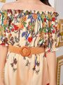 SHEIN Kids Nujoom Tween Girl Floral Printed Off Shoulder Romper With Ruffle Trim, Braided Belt And Waist Decoration