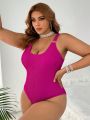 SHEIN Swim Vcay Women'S Plus Size Pure Color Round Neck & Ring Decor One-Piece Swimsuit