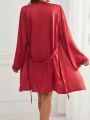 Women'S Lace Trim Sleep Robe With Flounce Sleeve And Cami Dress Pajama Set