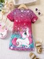 SHEIN Kids QTFun Young Girl Unicorn Printed Short Sleeve Dress