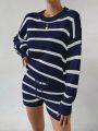 SHEIN Essnce Striped Pattern Drop Shoulder Sweater & Drawstring Waist Knit Shorts