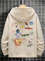 Men Plus Slogan & Astronaut Print Kangaroo Pocket Drawstring Hoodie