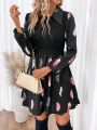 SHEIN Frenchy Feather Print Lantern Sleeve Dress