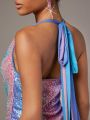 Muted Draped Collar Backless Sequin Halter Top