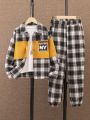 SHEIN Tween Boys' Street Style Casual Color Block Plaid Shirt And Long Trousers