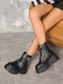 Thick Heel Wedge & Fashionable Women's Boots With Zipper And Lace Up For Casual Wear, Black, New Arrival Winter