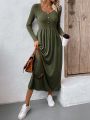 SHEIN LUNE Women's Button Decorated Long Sleeve Round Neck Dress