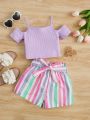 SHEIN Kids SUNSHNE Toddler Girls Cold Shoulder Tee & Block Striped Belted Shorts