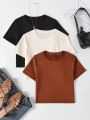 3pcs Teen Girl Solid Round Neck Tee