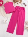 Teen Girls' Solid Color Cross Strap Tank Top & Pants 2pcs/Set