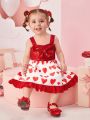 Baby Girls' Heart Print Dress With Bow Decoration