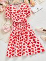 Teen Girls' Heart Patterned Wrapped Collar Dress