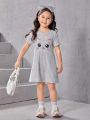 SHEIN Kids KDOMO Toddler Girls' Casual Cat Pattern Dress With Hairband