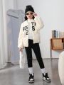 SHEIN Tween Girl Letter Embroidery Drop Shoulder Zipper Teddy Jacket