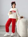 SHEIN Kids KDOMO Tween Girl Letter Graphic Drop Shoulder Hoodie & Sweatpants