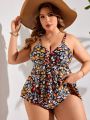 SHEIN Swim Vcay Plus Size One-Piece Swimsuit With Floral Print & Ruffle Hem Design