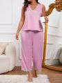 Women's Plus Size Lace Trimmed Cute Camisole And Long Pants Pajama Set