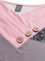 Women'S Color Block Printed Patchwork Button Details T-Shirt