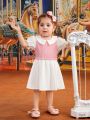 Baby Girls' Pink Knit Patchwork Peter Pan Collar Cute Daily Casual Dress, Spring/Summer