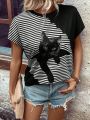 Casual T-Shirt With Cat And Stripe Pattern