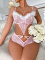 Floral Lace Fuzzy Trim O-ring Cut Out Teddy Bodysuit